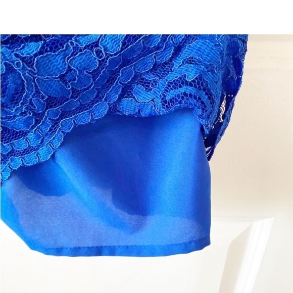 DAVID’S BRIDAL Floral Lace Ruched Dress Horizon Blue Bridesmaid Cocktail - Picture 7 of 11